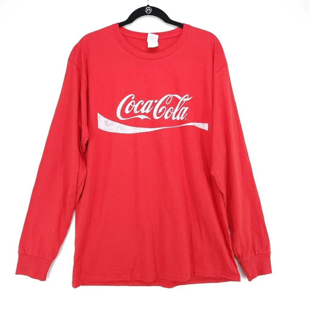 Coca Cola Long Sleeve TShirt Mens Large Red Spellout Logo
